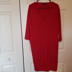 Red v-neck 3/4 quarter sleeves faux wrap dress